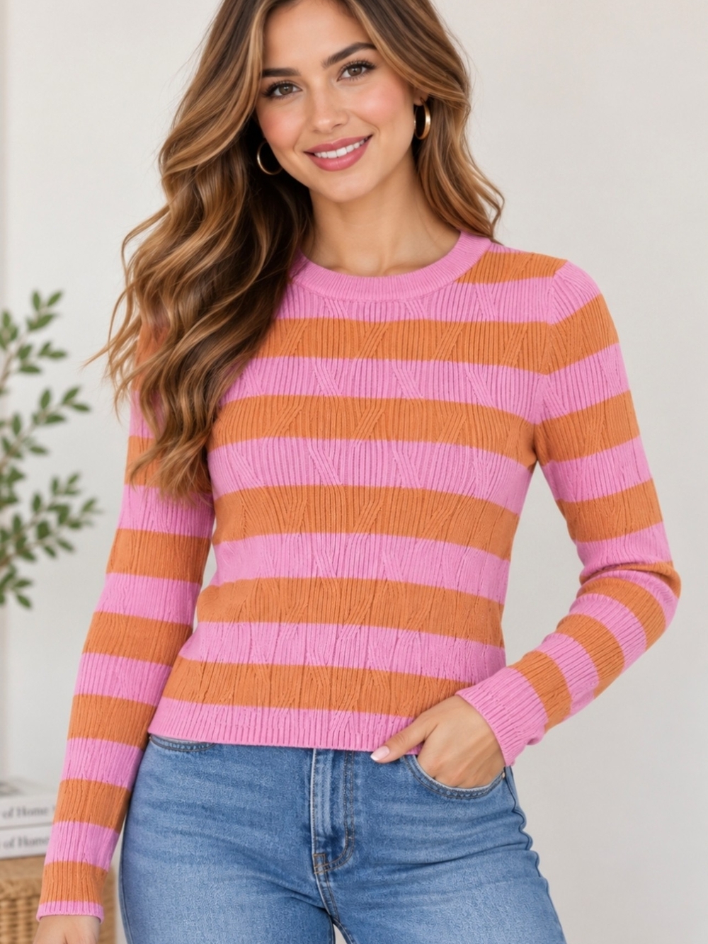 Forever 21 Women’s M Pink Orange Striped Cable Knit Sweater Long Sleeve Crewneck